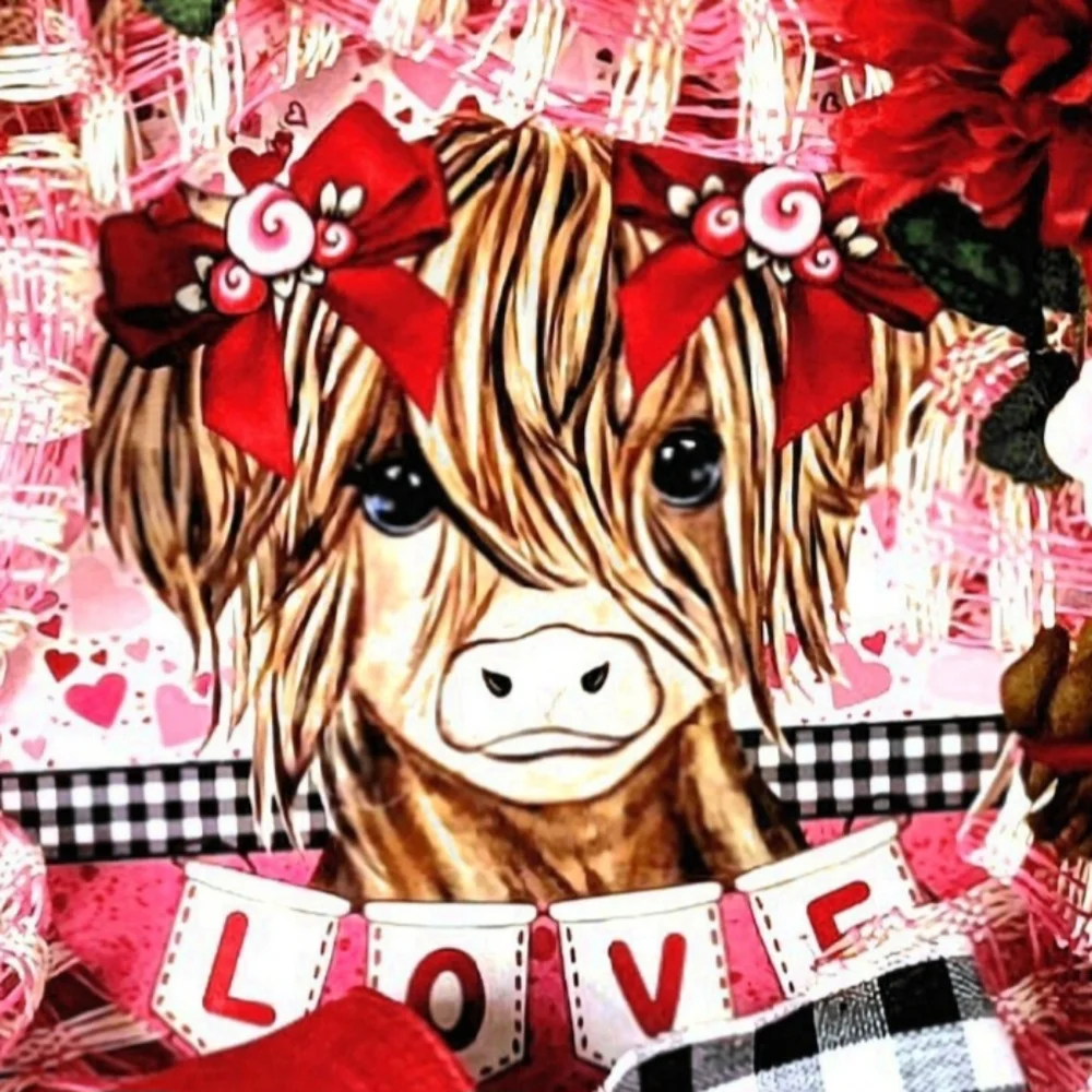 Love Highland Cow Wreath Deco Mesh Bow Flowers Anniversary Burthday Gift
